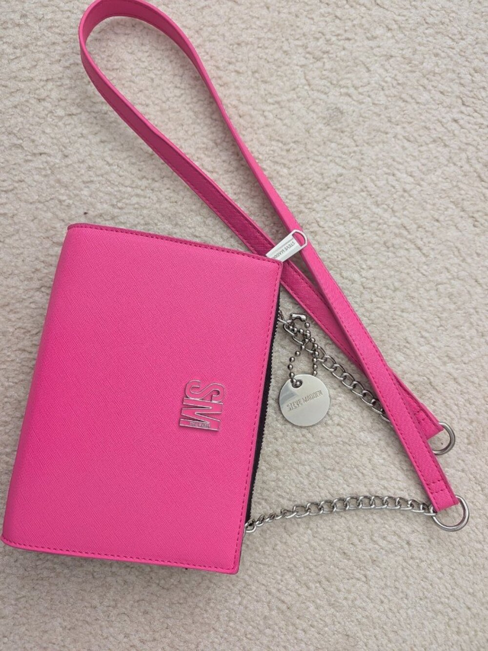 Hot neon pink Steve Madden wallet crossbody purse small bag faux leather silver